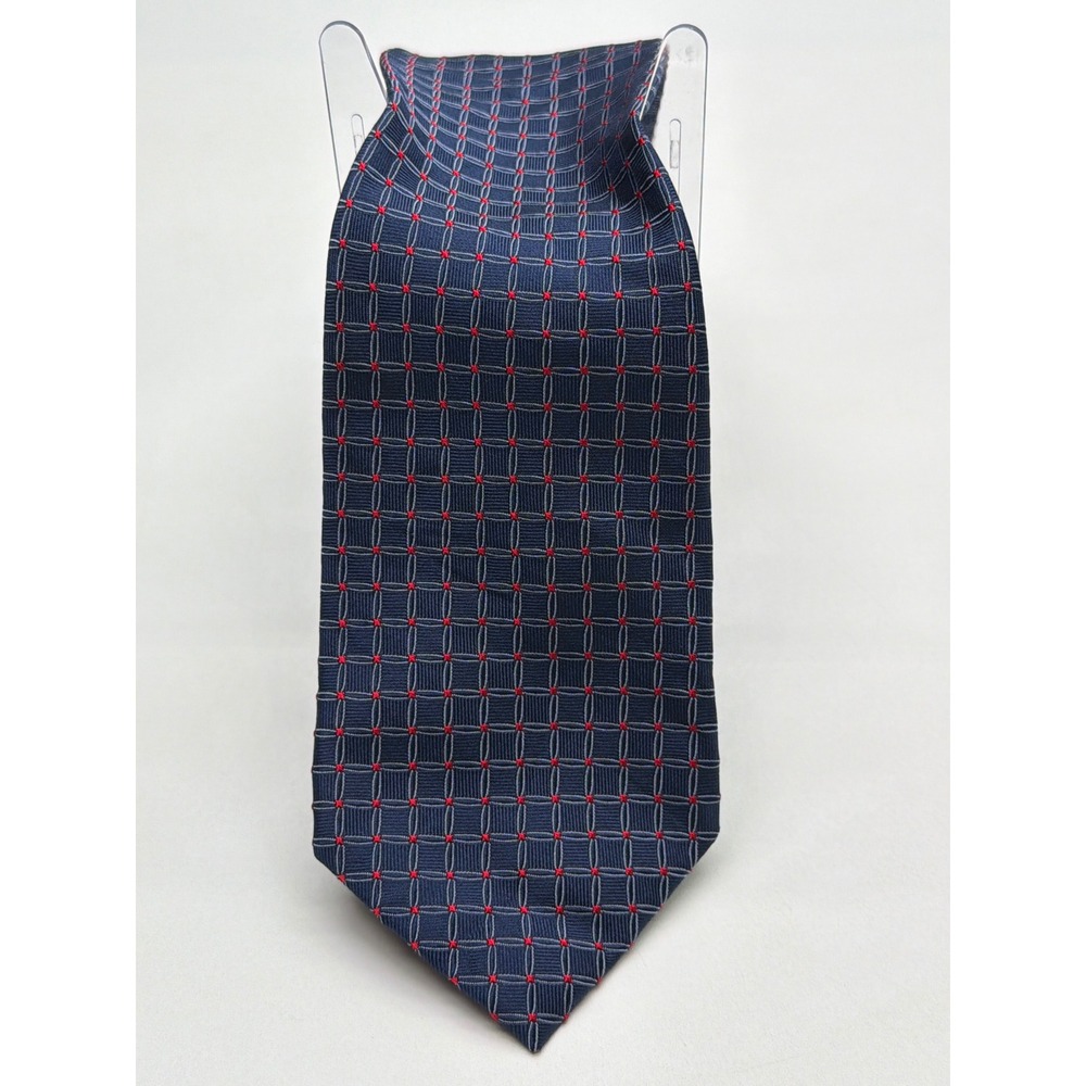 Navy Blue Geometric Grid Red Dot Woven Mens Classic Necktie Standard Width 58in